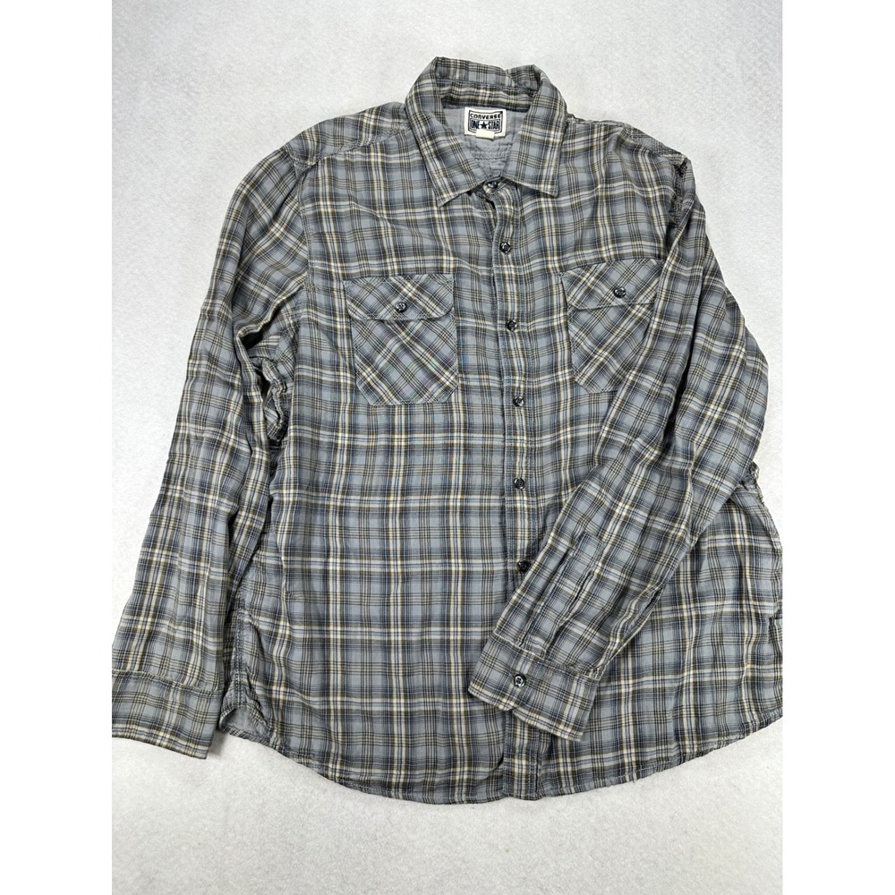 Converse One Star Mens XL Plaid Button Down Shirt Blue Yellow Cotton Long Sleeve